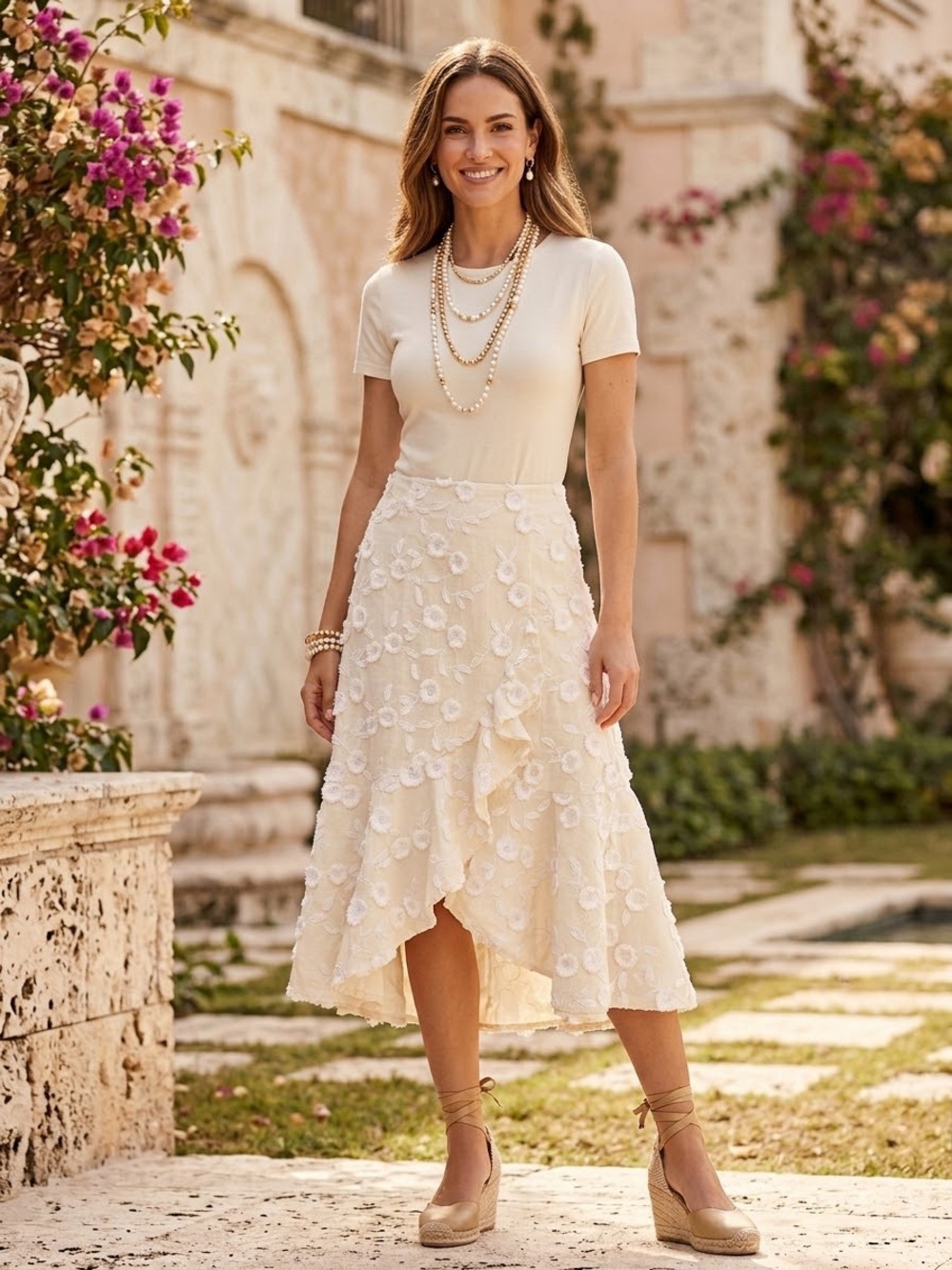 100% Linen "Rebecca Taylor Ivie Fleur Embroidered Midi Skirt”